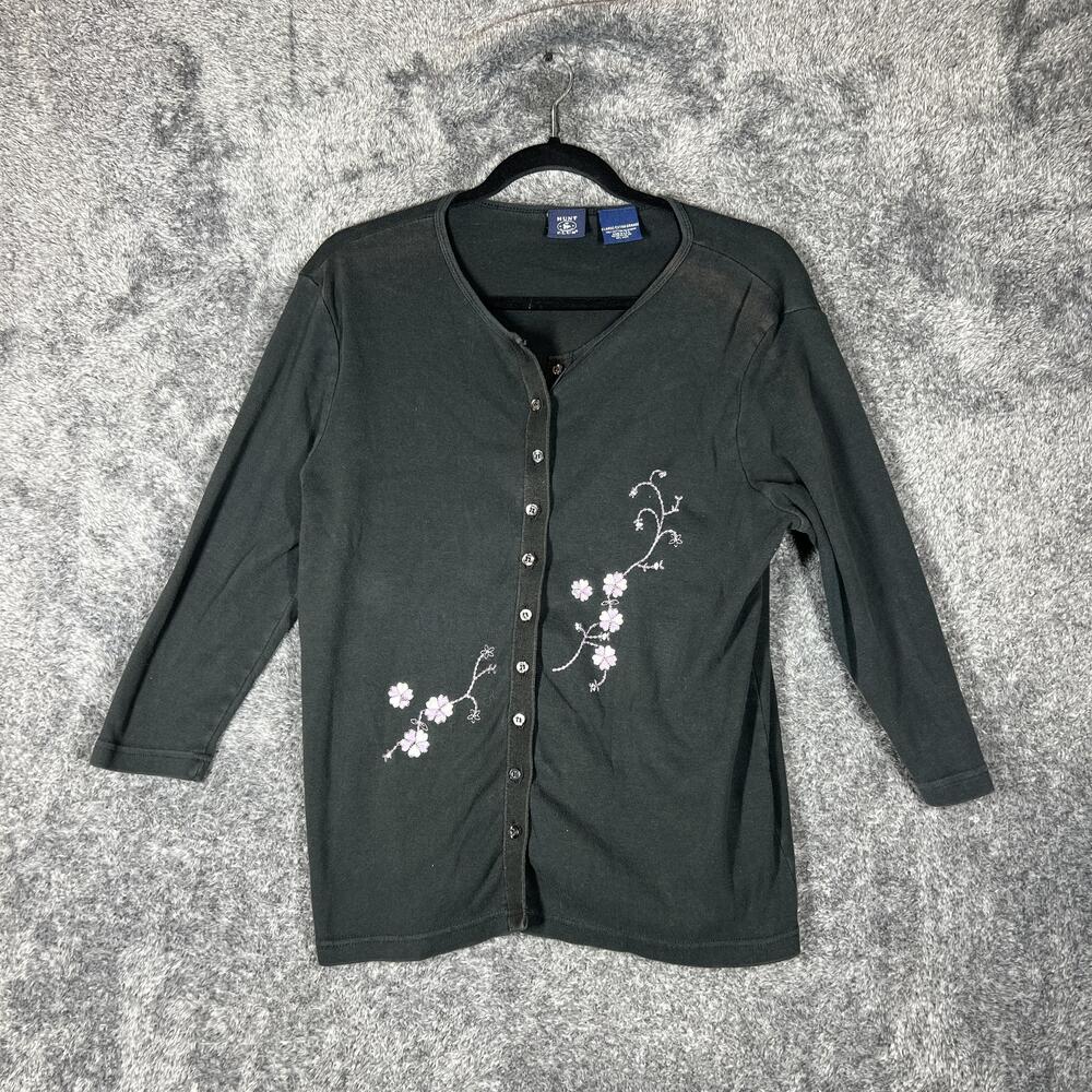 Hunt Club Cardigan Sweater Womens XLarge Black Floral Embroidered Button